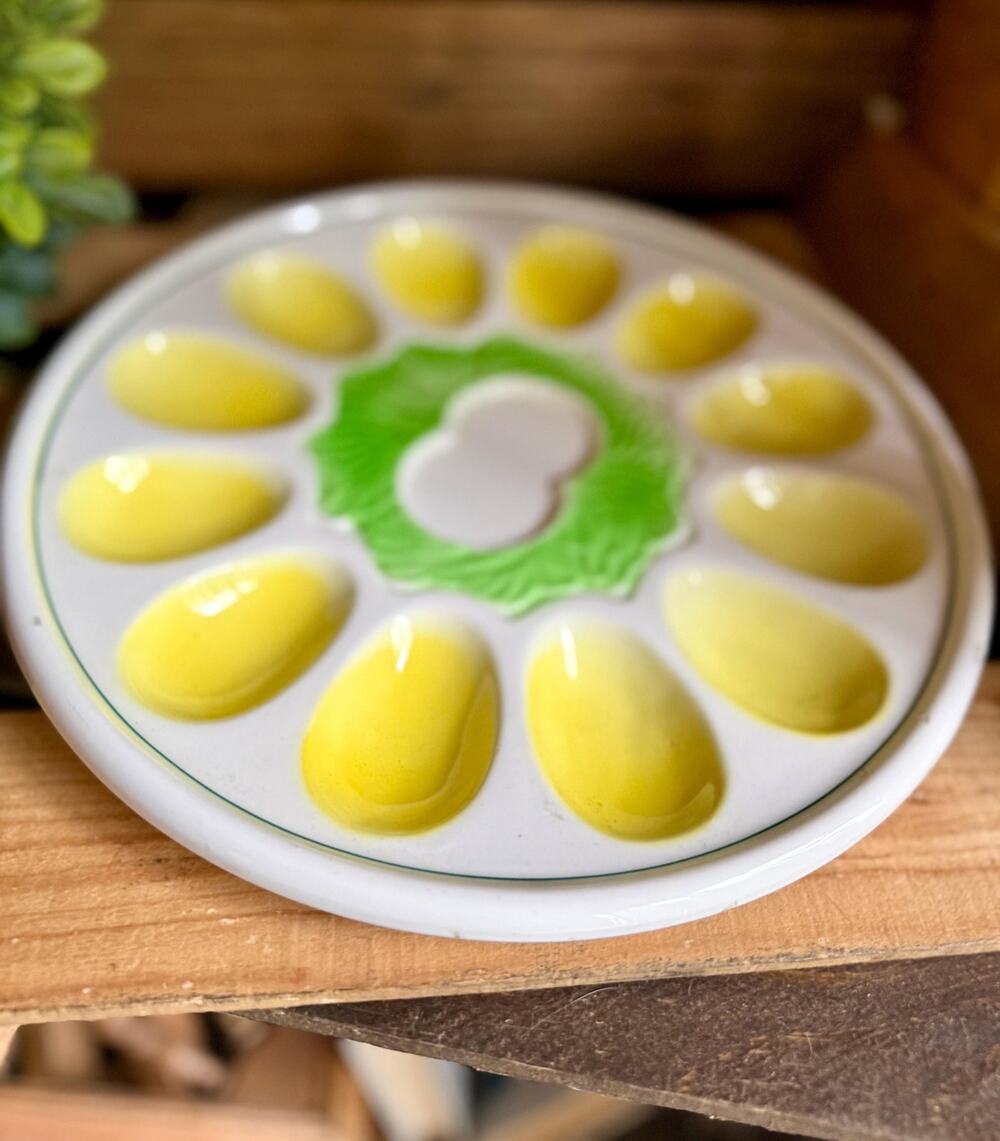 Vintage Japan Deviled Egg Plate | Ceramic Cabbage Leaf Egg Platter